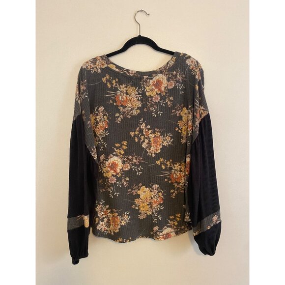 Wonderly Gray Floral Print Top With Contrasting Balloon Sleeves Size XL - Picture 5 of 5
